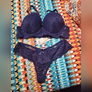 NWT Shekini Blue Lace Bra & Thong Set Size 42/95C